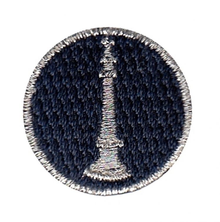 FIRE FIGHTER BUGLE, 1" CIRCLE - METALLIC SILVER ON MIDNIGHT NAVY - SEW ON.